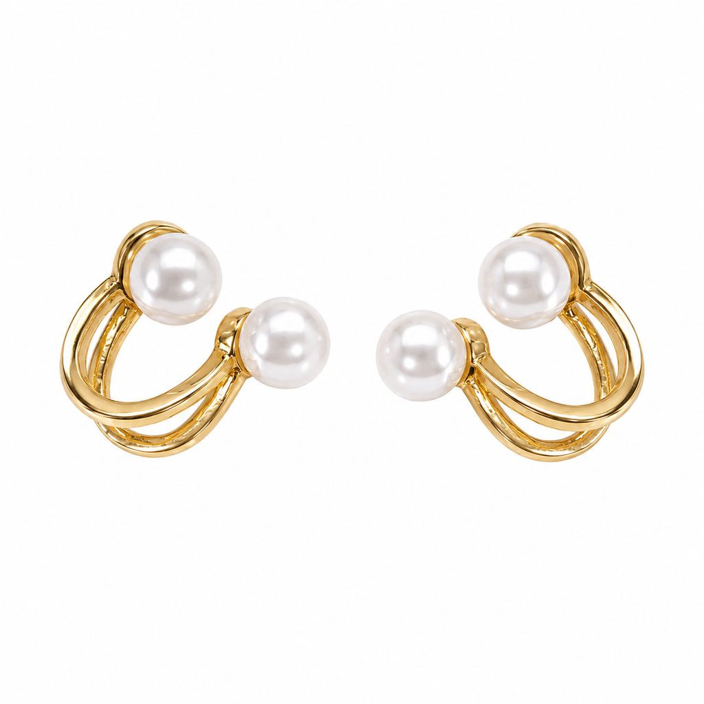 FASSION Korean Double Pearl Gold-Plated Earrings for Women | Elegant Luxury Pearl Stud Earrings | Trendy Korean Fashion Jewelry for