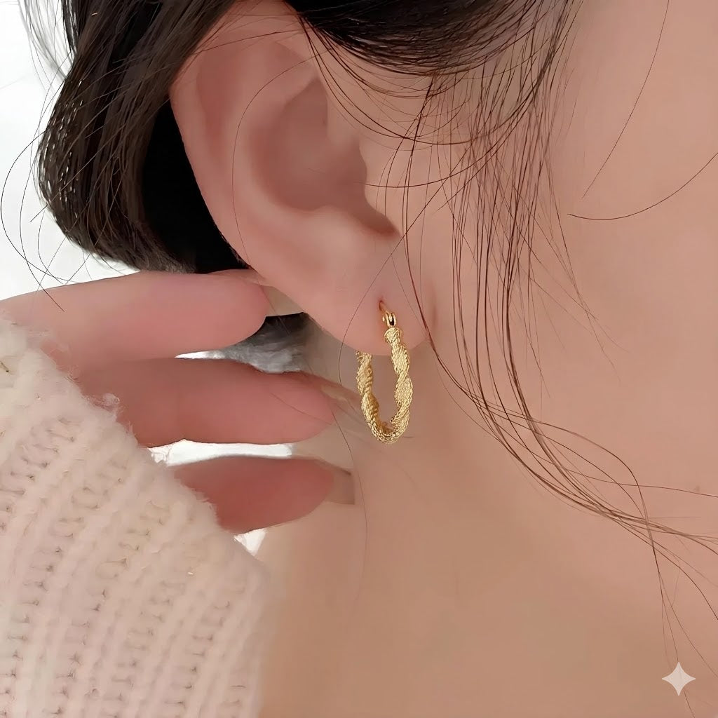 Korean Gold Twisted Hoop Earrings for Women | Textured Rope Design Hoop Earrings | Lightweight Trendy Small Hoops | Stylish Stud Jewelry for Girls & Women