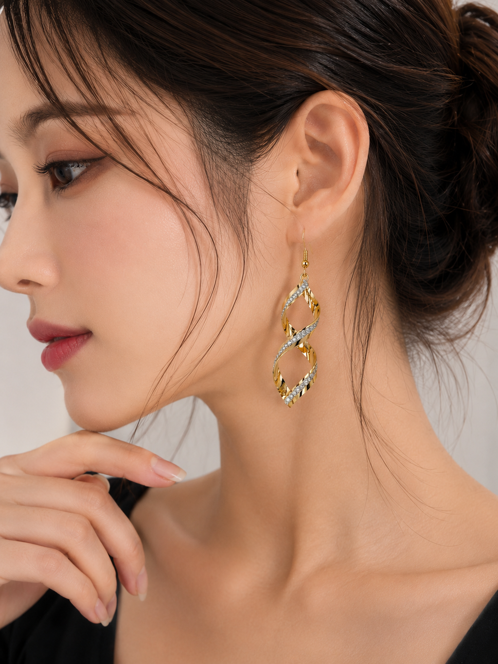 Korean Style Twisted Drop Earrings for Women – Gold Tone Spiral Dangle Earrings with Crystal Accent | Stylish Stud Jewelry for Girls & Women