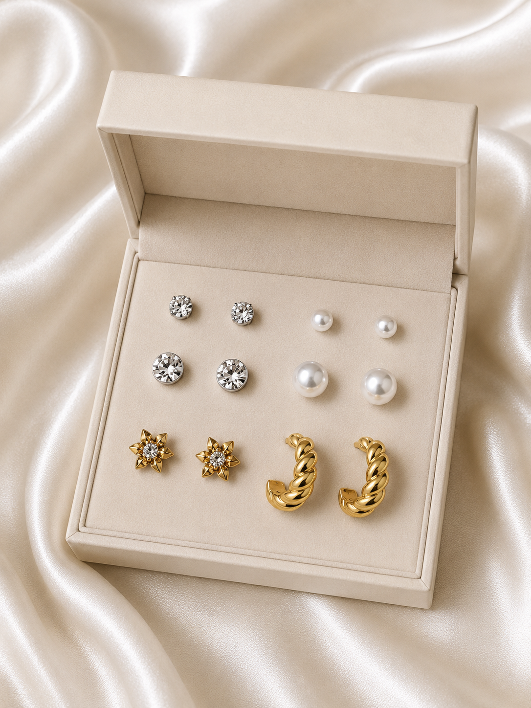 6 Pair Earring Combo Set for Women & Girls | Crystal Studs, Pearl Earrings, Floral Crystal Studs & Twisted Gold Hoop Earrings | Elegant Korean Style