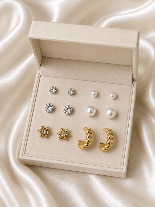 6 Pair Earring Combo Set for Women & Girls | Crystal Studs, Pearl Earrings, Floral Crystal Studs & Twisted Gold Hoop Earrings | Elegant Korean Style