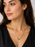 FASSSSION Gold-Plated V Shape Snake Chain Necklace for Women | Premium Green Enamel Geometric Pendant
