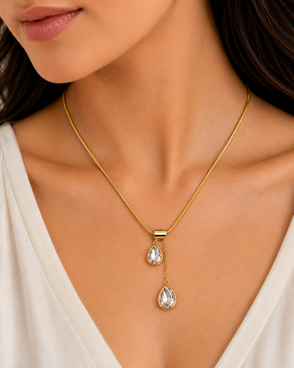 FASSSIONS Gold Plated Crystal Drop Necklace for Women | Elegant Teardrop Pendant Long Chain Necklace for Girls | Stylish Party & Daily Wear Jewellery