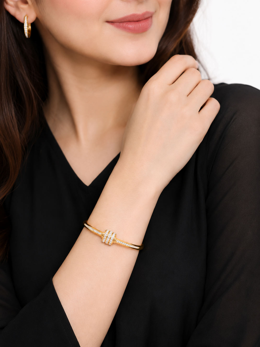 Elegant Gold-Plated Open Cuff Bracelet for Women with Crystal Studded Accent | Adjustable Fashion Bangle for Daily, Party & Wedding