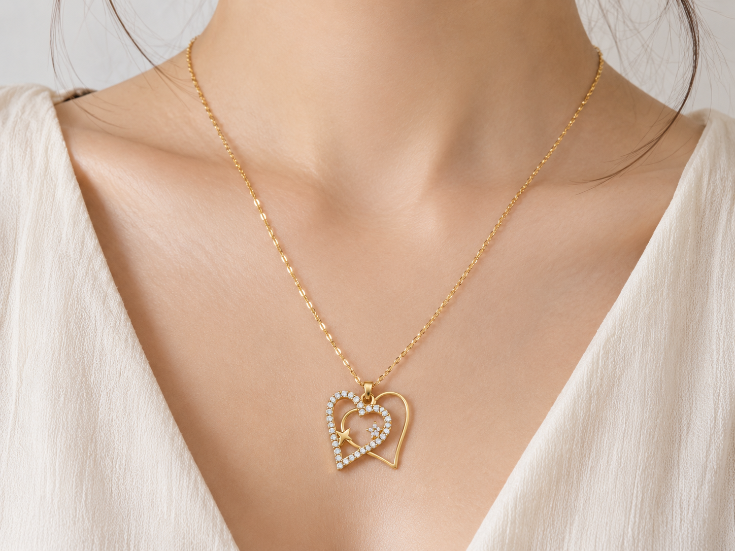 SERENAIRE Gold-Plated Double Heart Pendant Necklace for Women | Cubic Zirconia Heart Chain | Elegant Fashion Jewelry