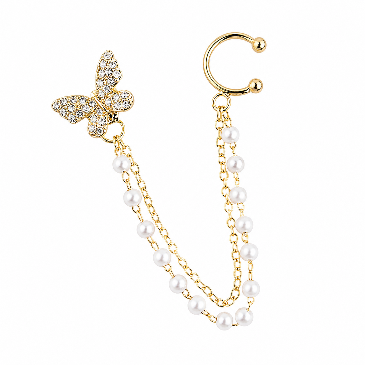 FASSSIONS Butterfly Pearl Ear Cuff Earrings for Women | Korean Style Gold Plated Rhinestone Butterfly Chain Earrings