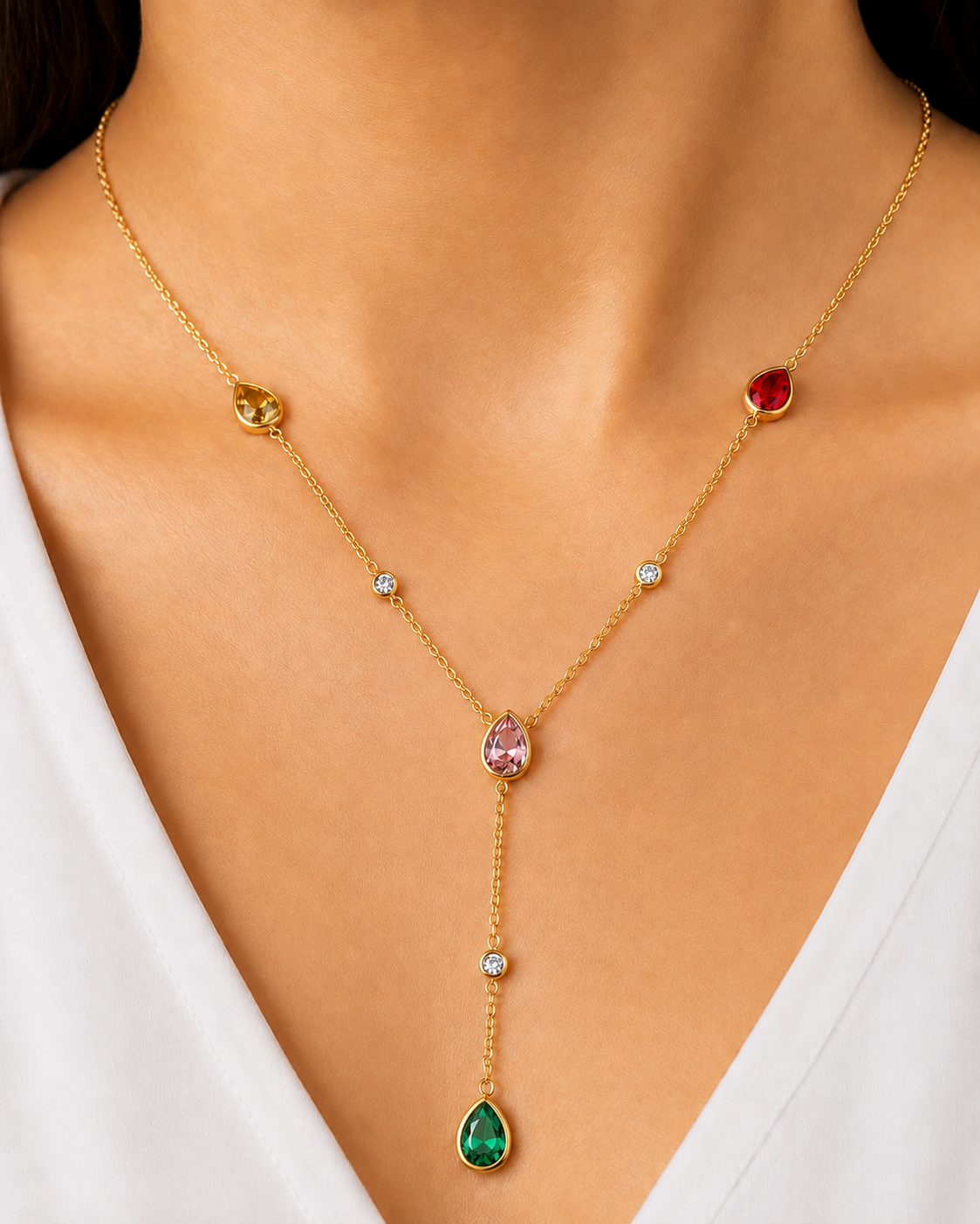 Women’s Gold Tone Multicolor Gemstone Y Necklace | Y Shaped Lariat Pendant Chain with Pink, Red, Green & Yellow Stones