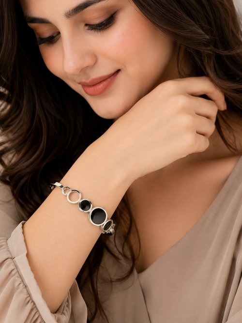 Elegant Silver-Tone Black Circular Cuff Bangle Bracelet for Women | Stainless Steel Open Cuff Bracelet | Minimalist Fashion Jewelry