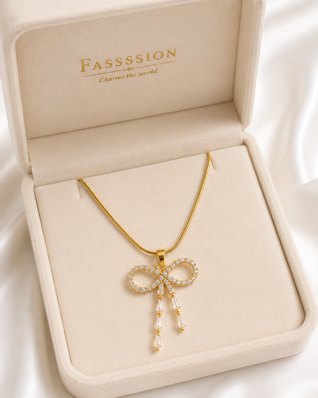 FASSSSION Gold-Plated Bow Pendant Necklace for Women | Premium Crystal Bow Design Pendant with Elegant Chain | Lightweight Fashion Jewelry for Daily Wear, Party & Gift
