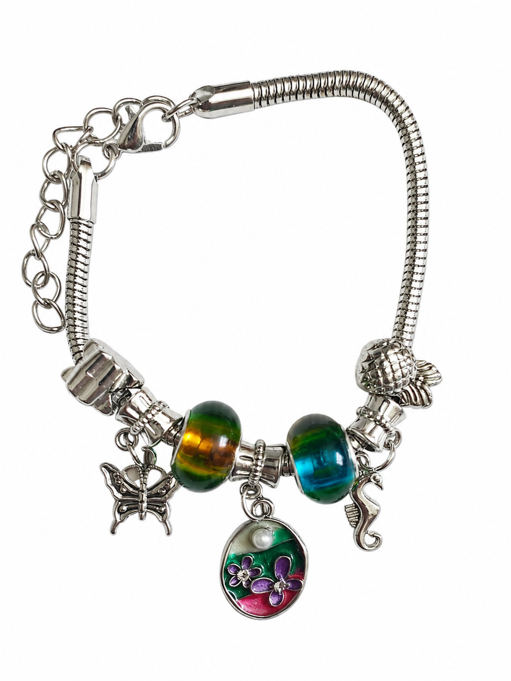 Charm Bracelet for Women – Silver Plated Adjustable Bracelet with Butterfly, Floral Pendant, Seahorse & Crystal Glass Beads Fashion Jewelry Gift for Girls & Women