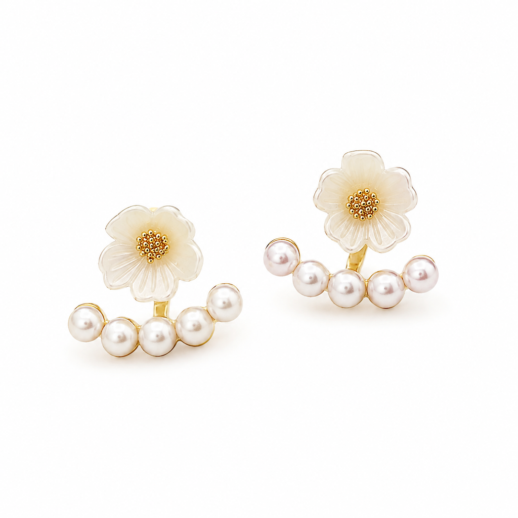 FASSSIONS Floral Pearl Stud Earrings for Women | Gold Plated Flower Earrings with Faux Pearl Jacket | Korean Style Elegant Earrings