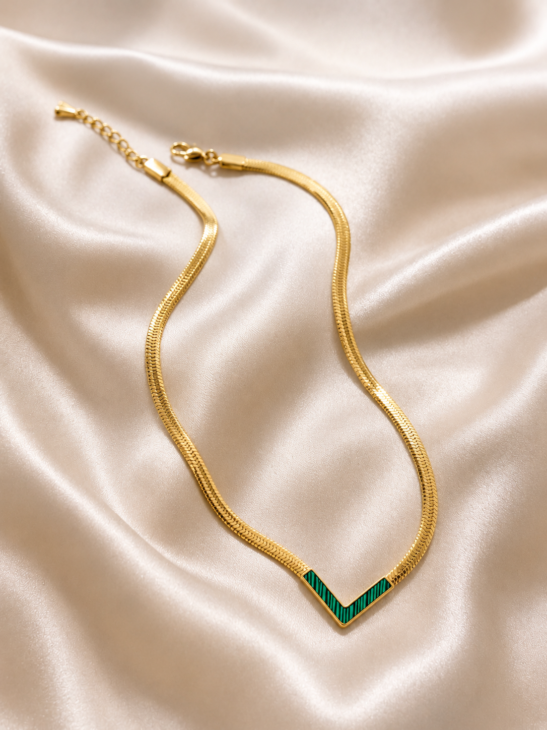 FASSSSION Gold-Plated V Shape Snake Chain Necklace for Women | Premium Green Enamel Geometric Pendant