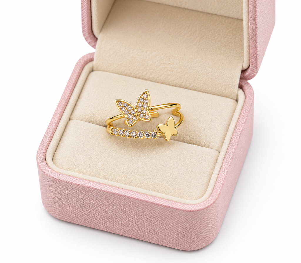 Women's Adjustable Gold Plated Butterfly Cubic Zirconia Ring | Open Band Crystal Finger Ring | Elegant Fashion Jewelry for Girls & Women
