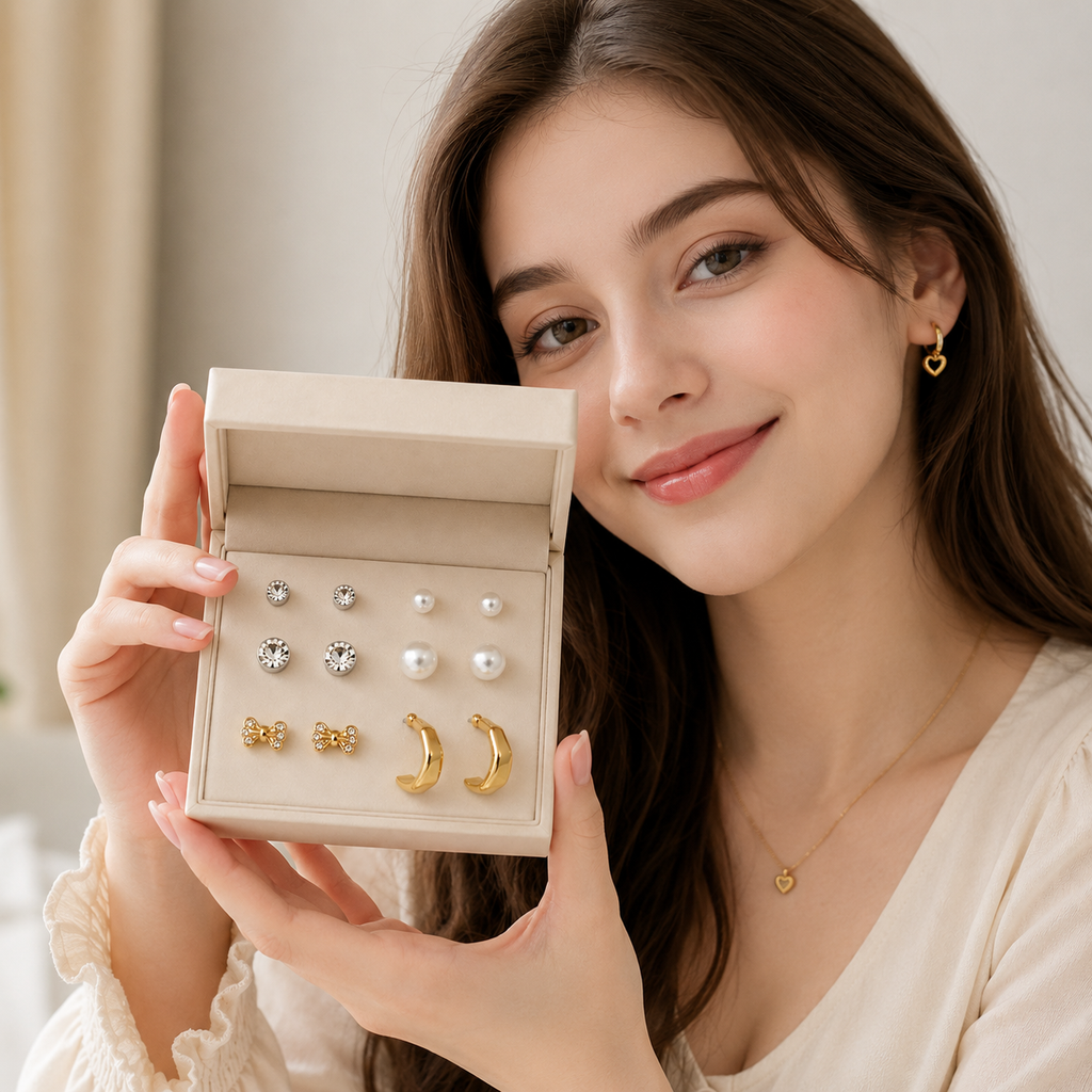 Earring Combo Set of 6 for Women & Girls | Crystal Studs, Pearl Earrings, Bow Crystal Studs & Chunky Gold Hoop Earrings | Korean Style Fashion Jewelry Collection