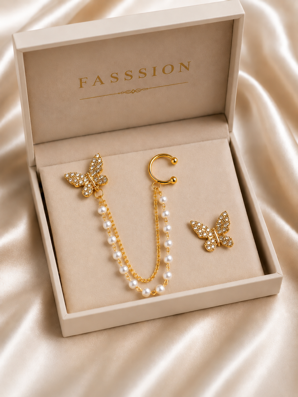 FASSSIONS Butterfly Pearl Ear Cuff Earrings for Women | Korean Style Gold Plated Rhinestone Butterfly Chain Earrings