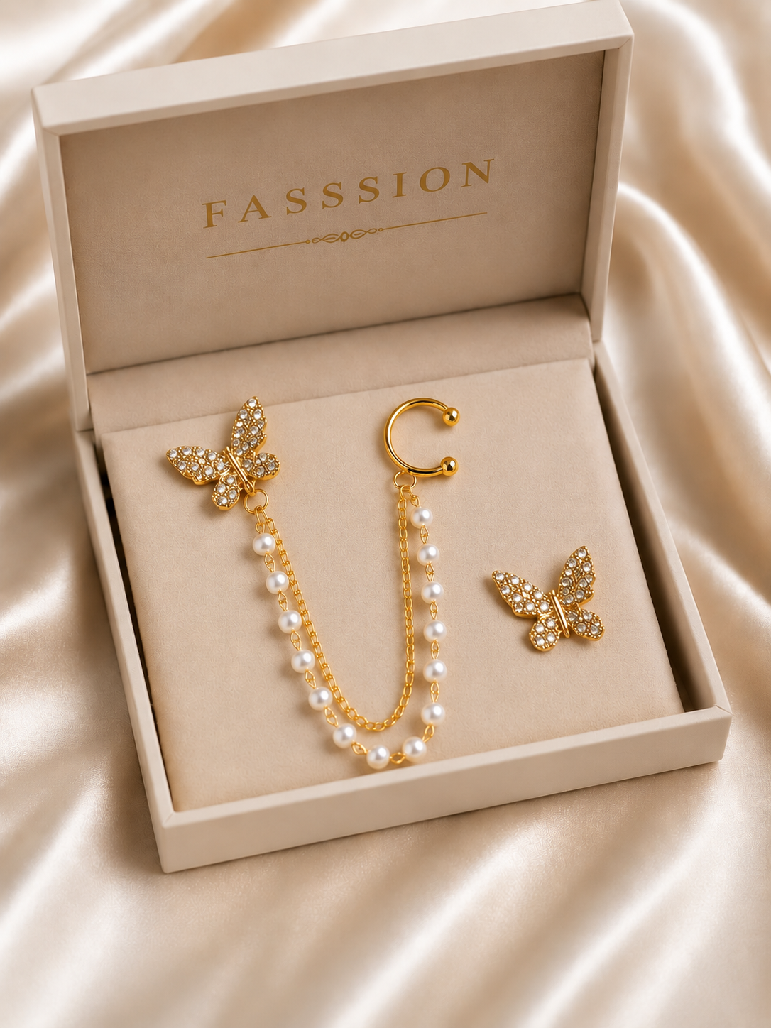 FASSSIONS Butterfly Pearl Ear Cuff Earrings for Women | Korean Style Gold Plated Rhinestone Butterfly Chain Earrings