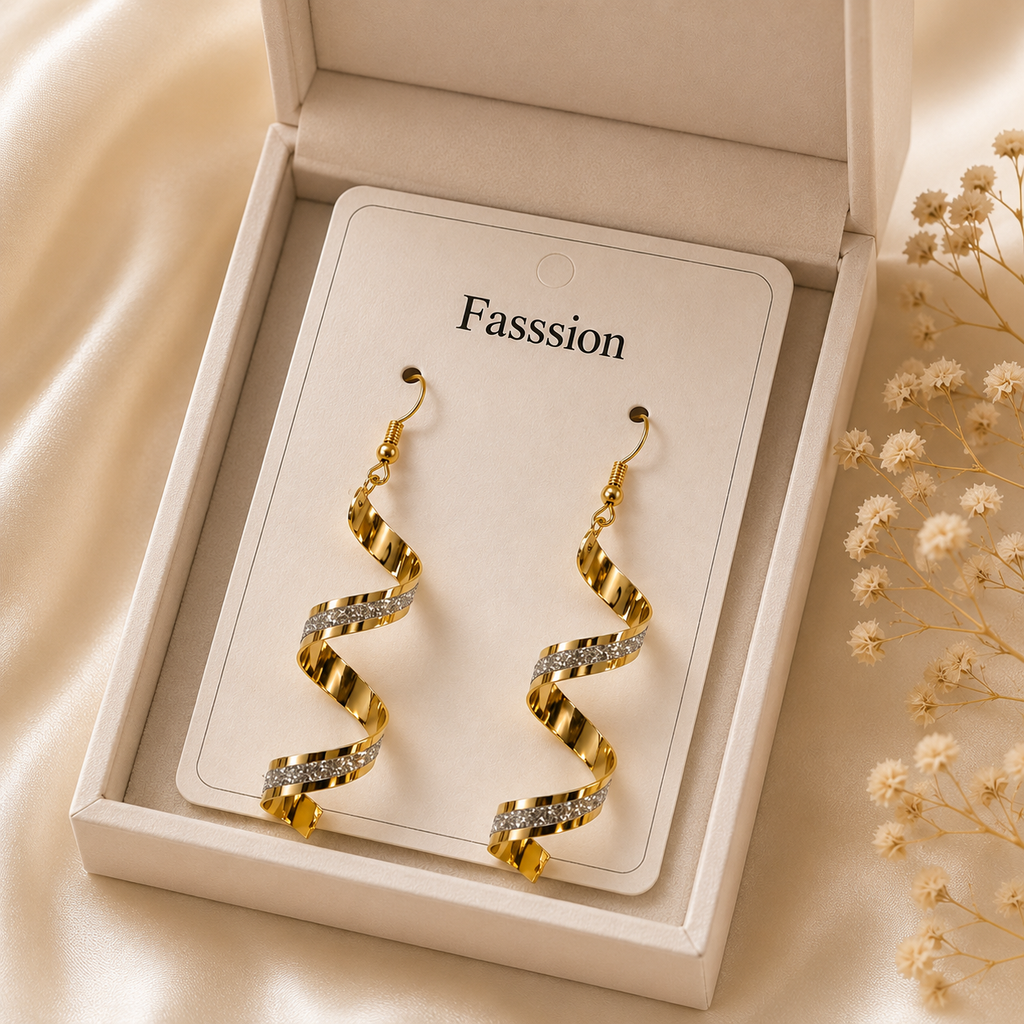 Korean Style Gold Spiral Drop Earrings for Women – Elegant Twisted Dangle Earrings with Crystal Accent | Lightweight Fashion Jewelry for Girls & Women