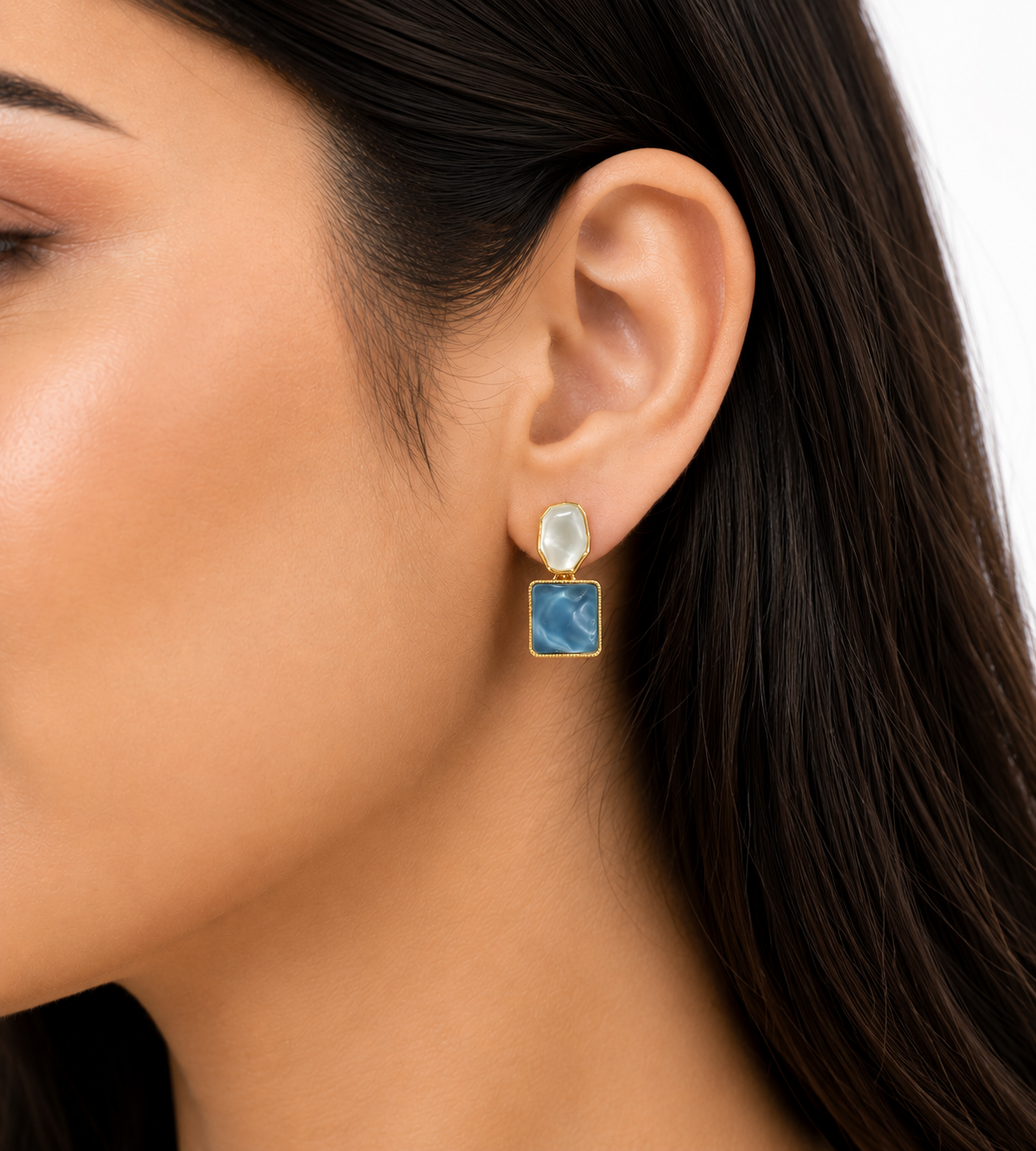 FASSSIONS Korean Blue & White Geometric Drop Earrings for Women | Gold Plated Statement Earrings | Lightweight Fashion Jewelry