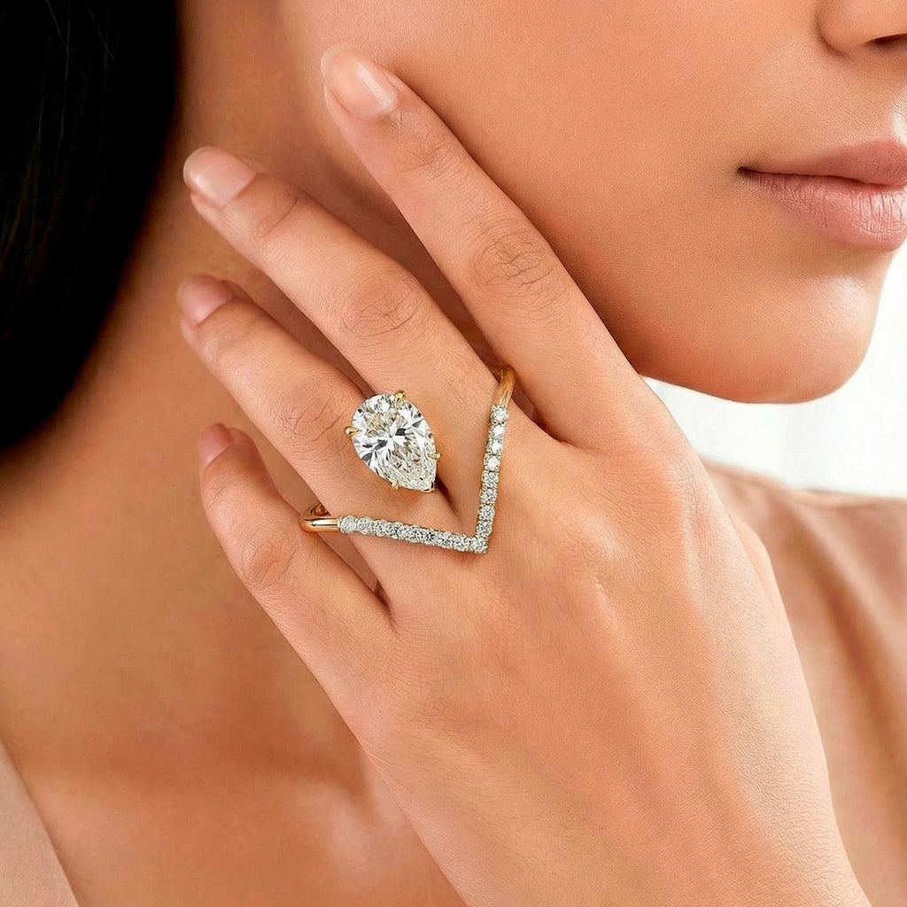 Fasssions Gold Plated Pear Cut Crystal Adjustable Ring for Women & Girls | Open V Design CZ Diamond Statement Ring | Elegant Cocktail Ring