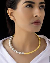Fasssions Women's Gold Plated Half Pearl Collar Necklace | Elegant Asymmetrical Choker Necklace | Contemporary Fashion Jewelry for Women & Girls