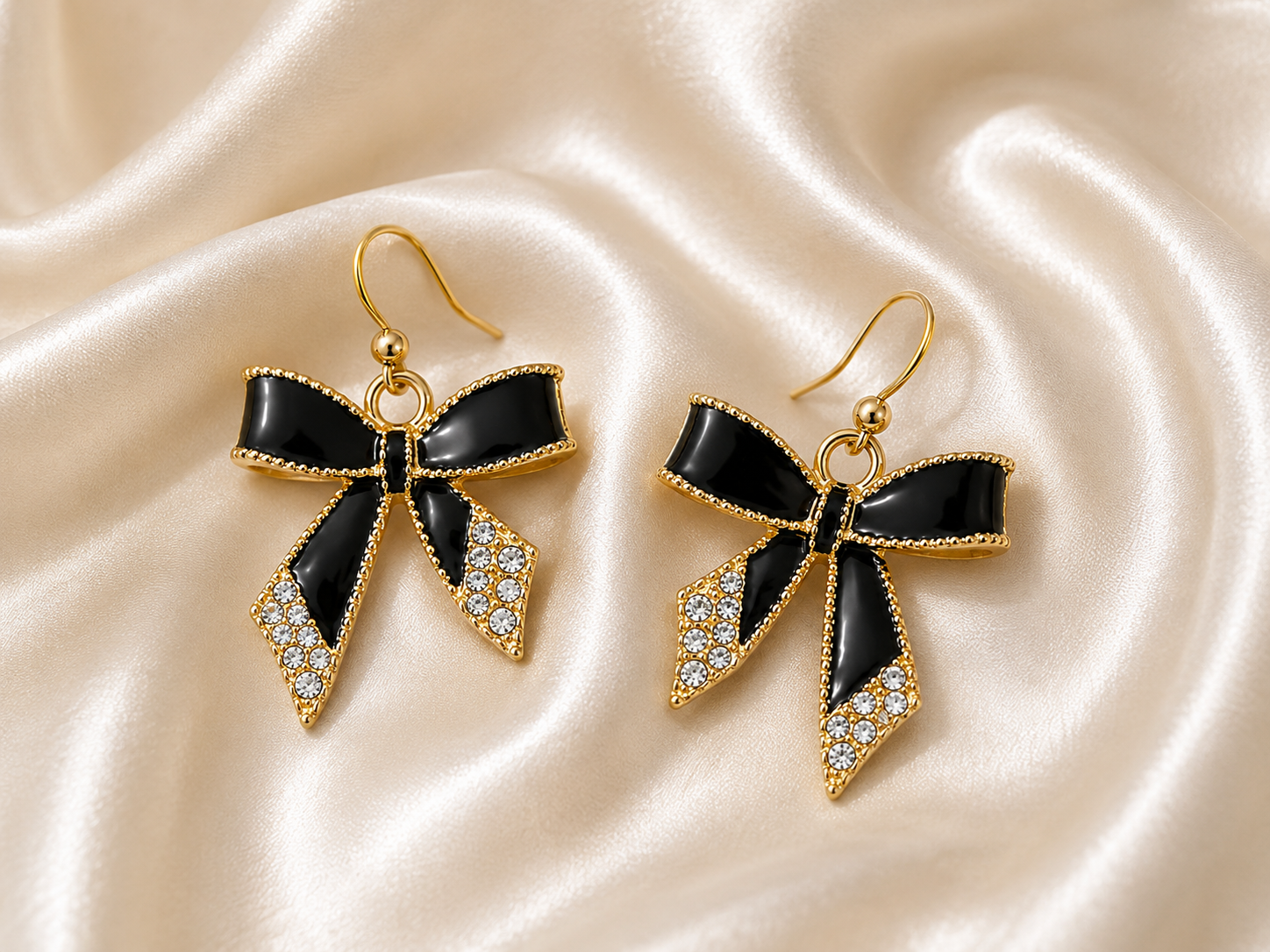 Black Bow Crystal Drop Earrings for Women | Gold-Plated Ribbon Bow Knot Dangle Earrings with Rhinestones | Fashion Jewelry