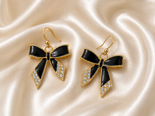 Black Bow Crystal Drop Earrings for Women | Gold-Plated Ribbon Bow Knot Dangle Earrings with Rhinestones | Fashion Jewelry