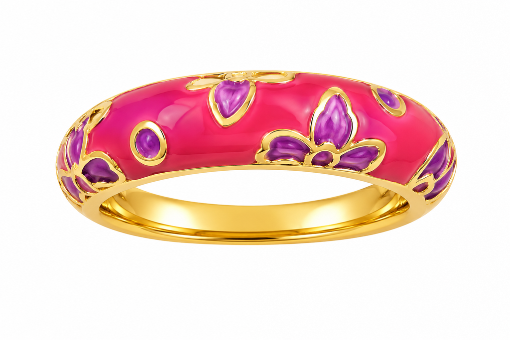 Women’s Gold Tone Red & Purple Enamel Meenakari Ring | Geometric Diamond Design Fashion Finger Ring | Stylish Statement Jewelry for Women & Girls