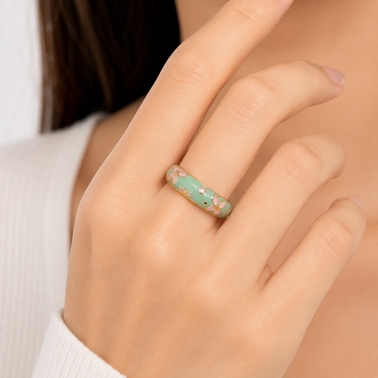 Women's Gold Plated Mint Green Enamel Ring | Twisted Diagonal Spiral Design Finger Ring | Elegant Fashion Jewelry for Women & Girls