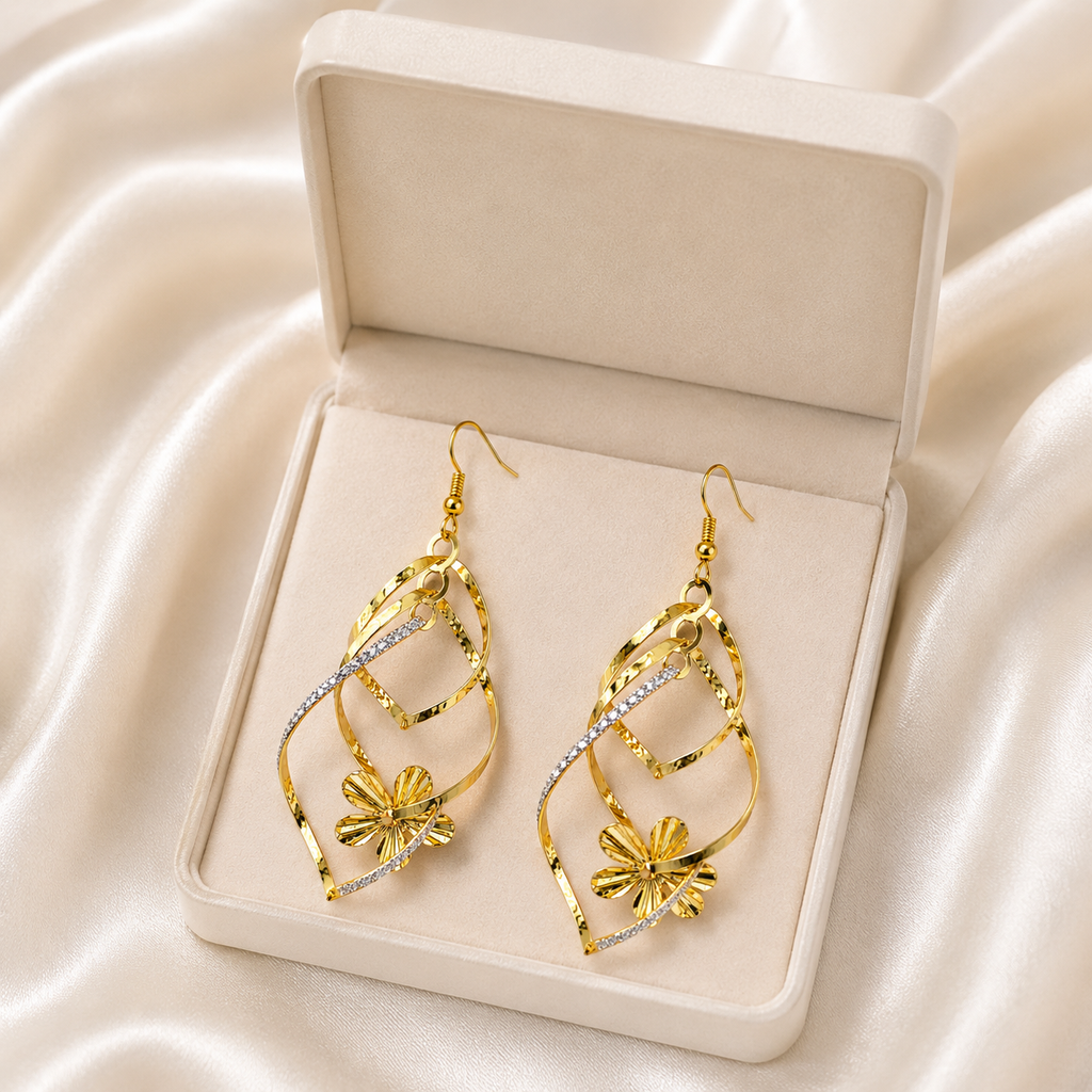 Korean Gold-Plated Geometric Floral Dangle Earrings for Women | Elegant Drop Earrings | Lightweight Fashion Jewellery