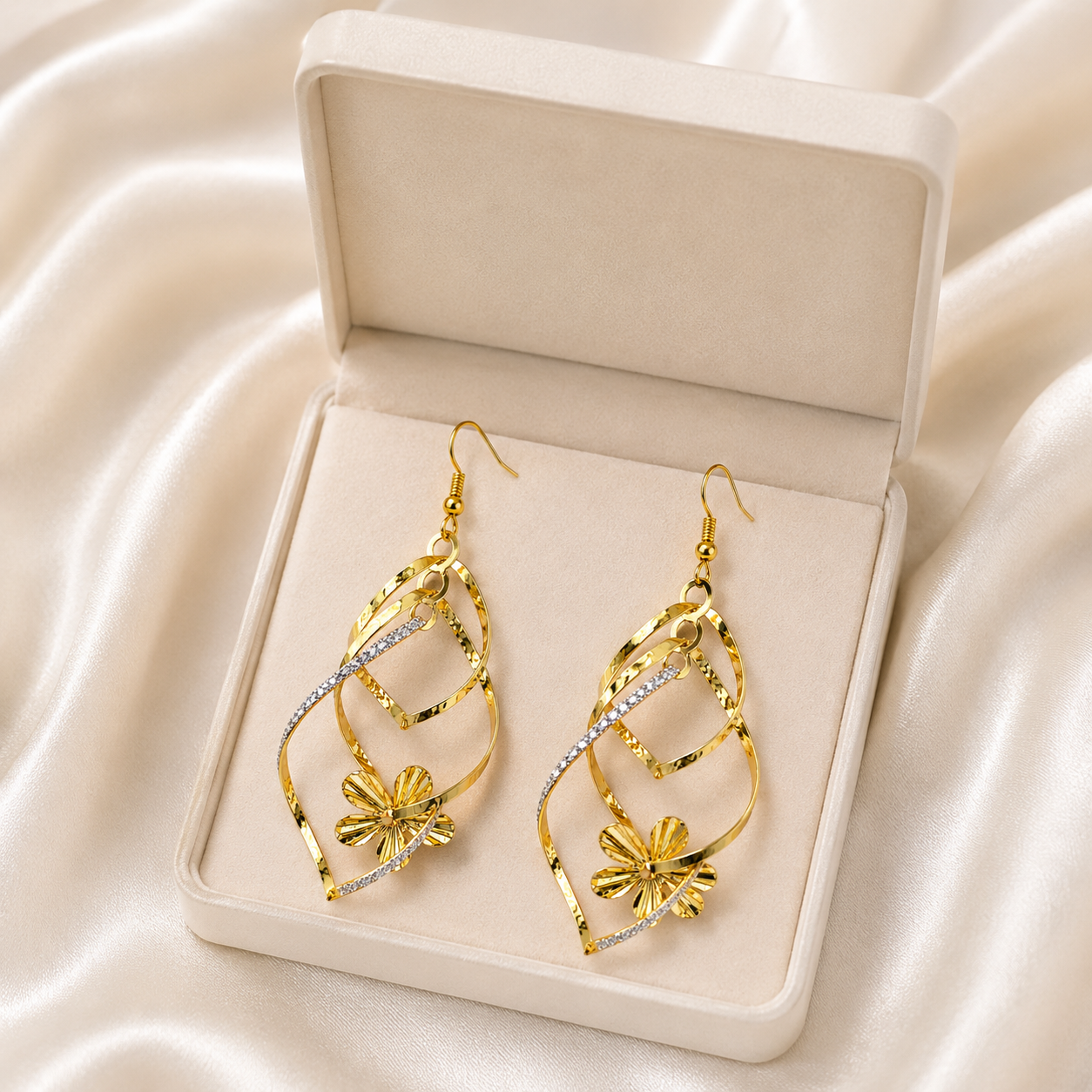 Korean Gold-Plated Geometric Floral Dangle Earrings for Women | Elegant Drop Earrings | Lightweight Fashion Jewellery