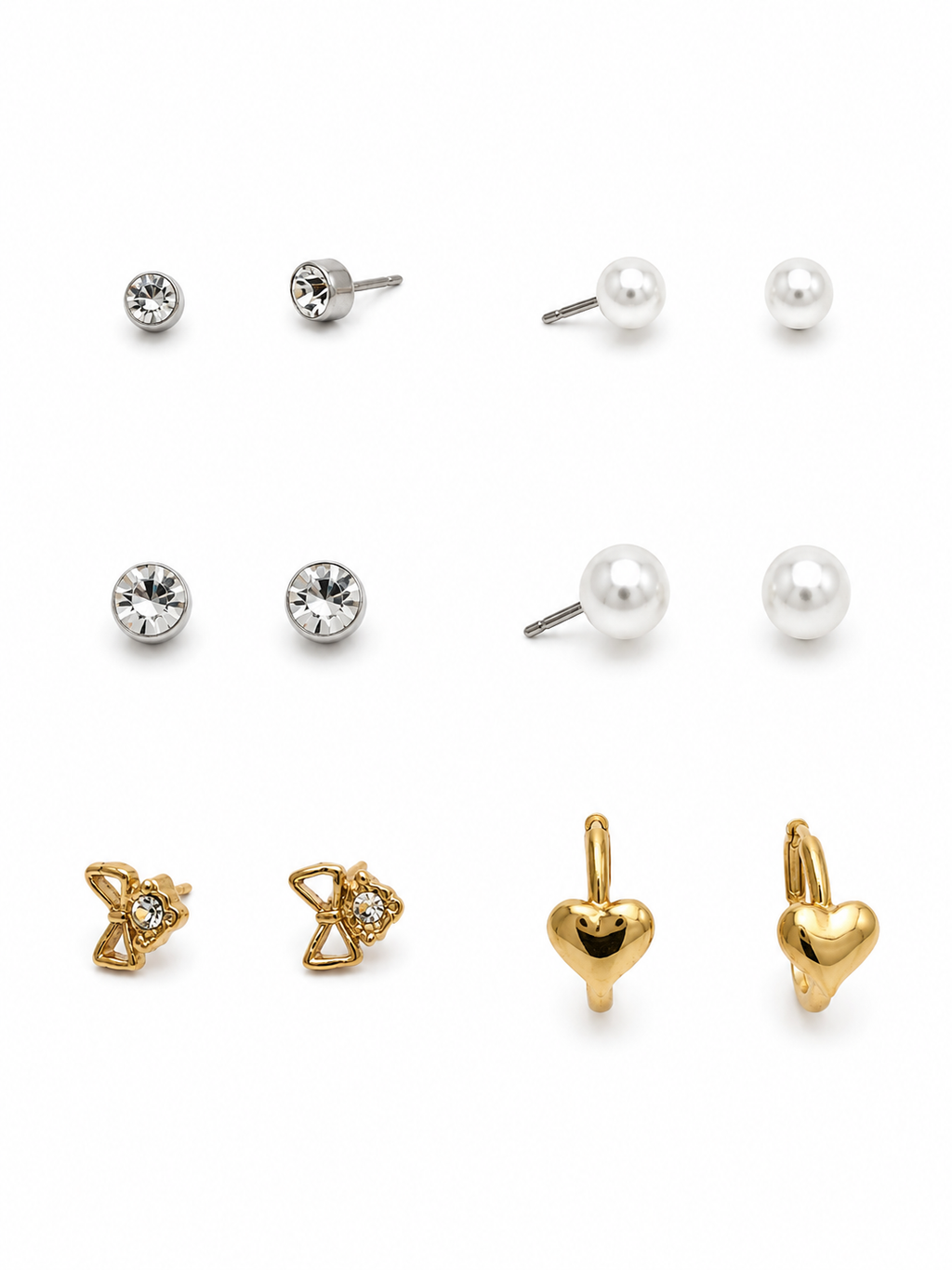 Earring Combo Set 6 for Women & Girls | Crystal Studs, Pearl Earrings, Bow Crystal Studs & Gold Heart Hoop Earrings | Fashion Jewelry for Girls & Women