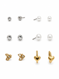 Earring Combo Set 6 for Women & Girls | Crystal Studs, Pearl Earrings, Bow Crystal Studs & Gold Heart Hoop Earrings | Fashion Jewelry for Girls & Women