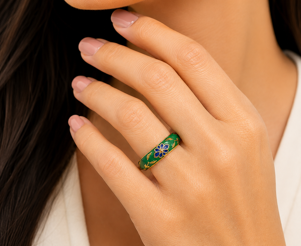 Green Enamel Ring for Women | Gold Tone Floral Flower Design Finger Ring | Pink Floral Designer Ring for Women & Girls | Traditional Ethnic Fashion Jewellery