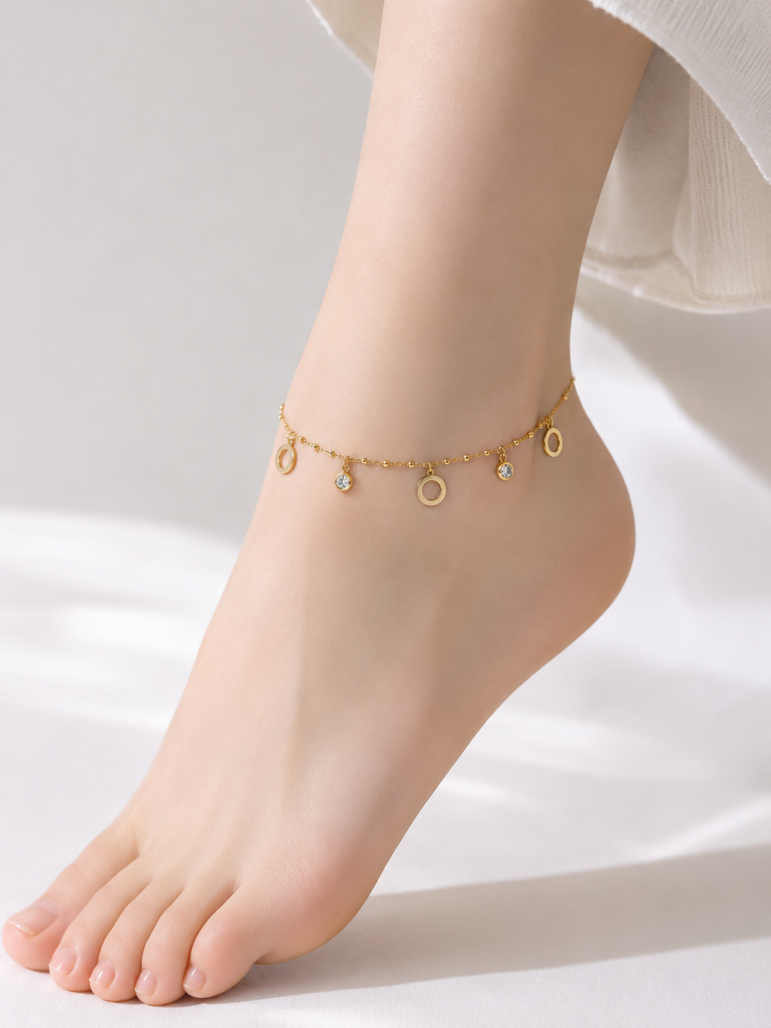 FASSSIONS Gold Plated Charm Anklet for Women | Adjustable Crystal & Open Circle Charm Ankle Bracelet | Korean Style Fashion Anklet