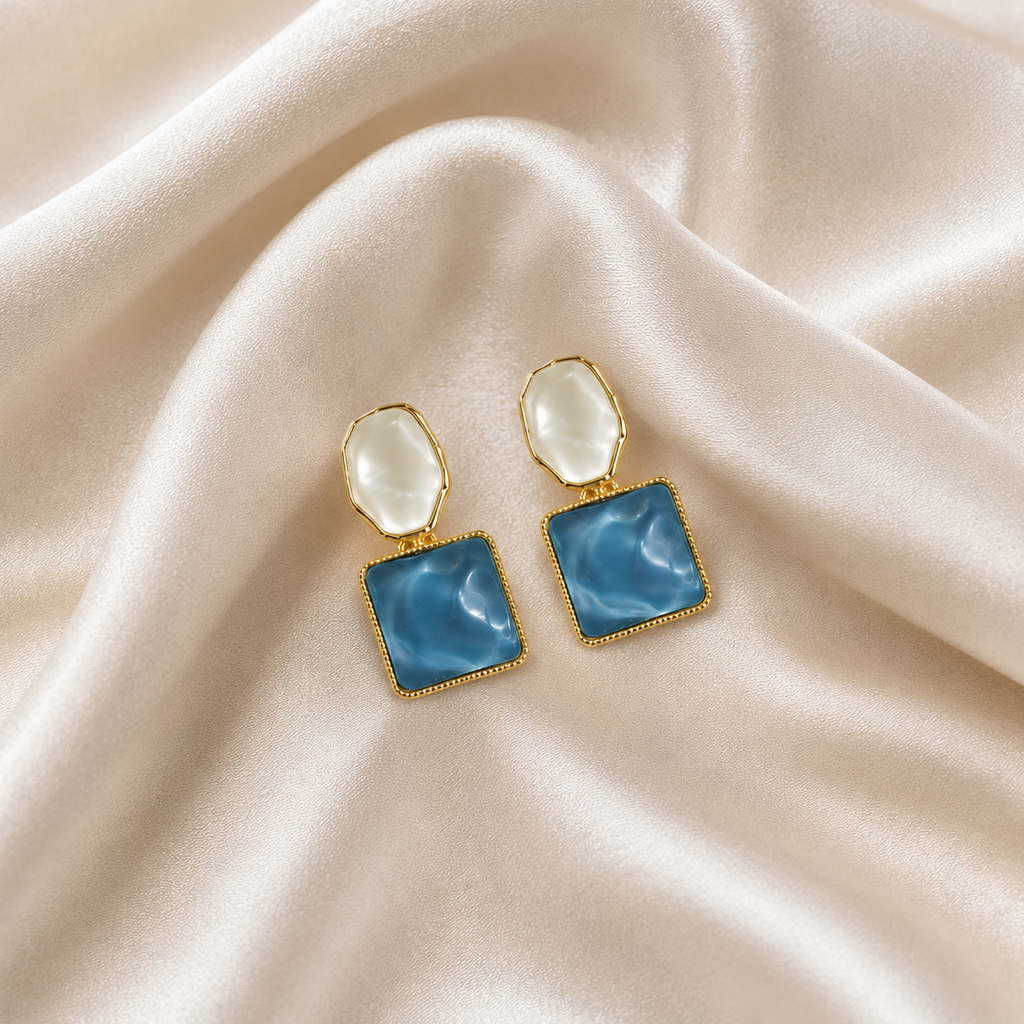 FASSSIONS Korean Blue & White Geometric Drop Earrings for Women | Gold Plated Statement Earrings | Lightweight Fashion Jewelry