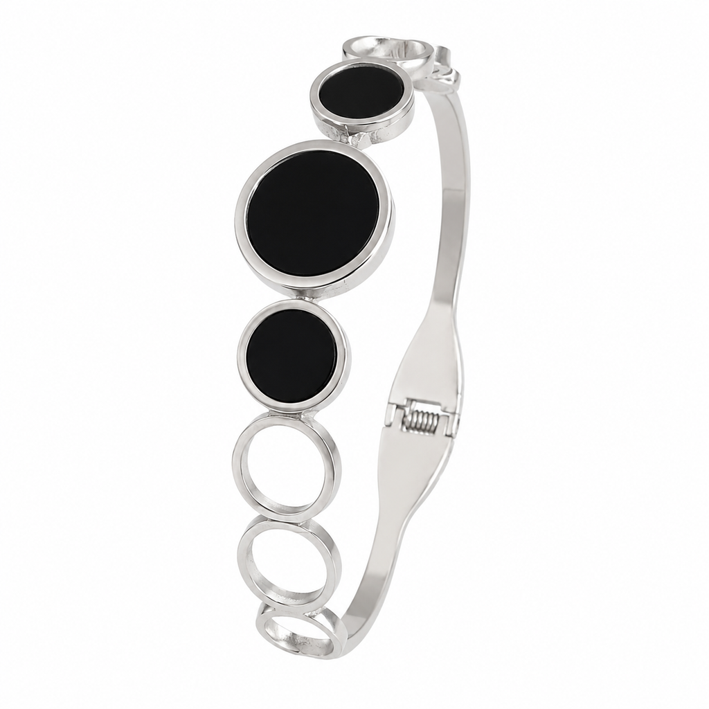 Elegant Silver-Tone Black Circular Cuff Bangle Bracelet for Women | Stainless Steel Open Cuff Bracelet | Minimalist Fashion Jewelry
