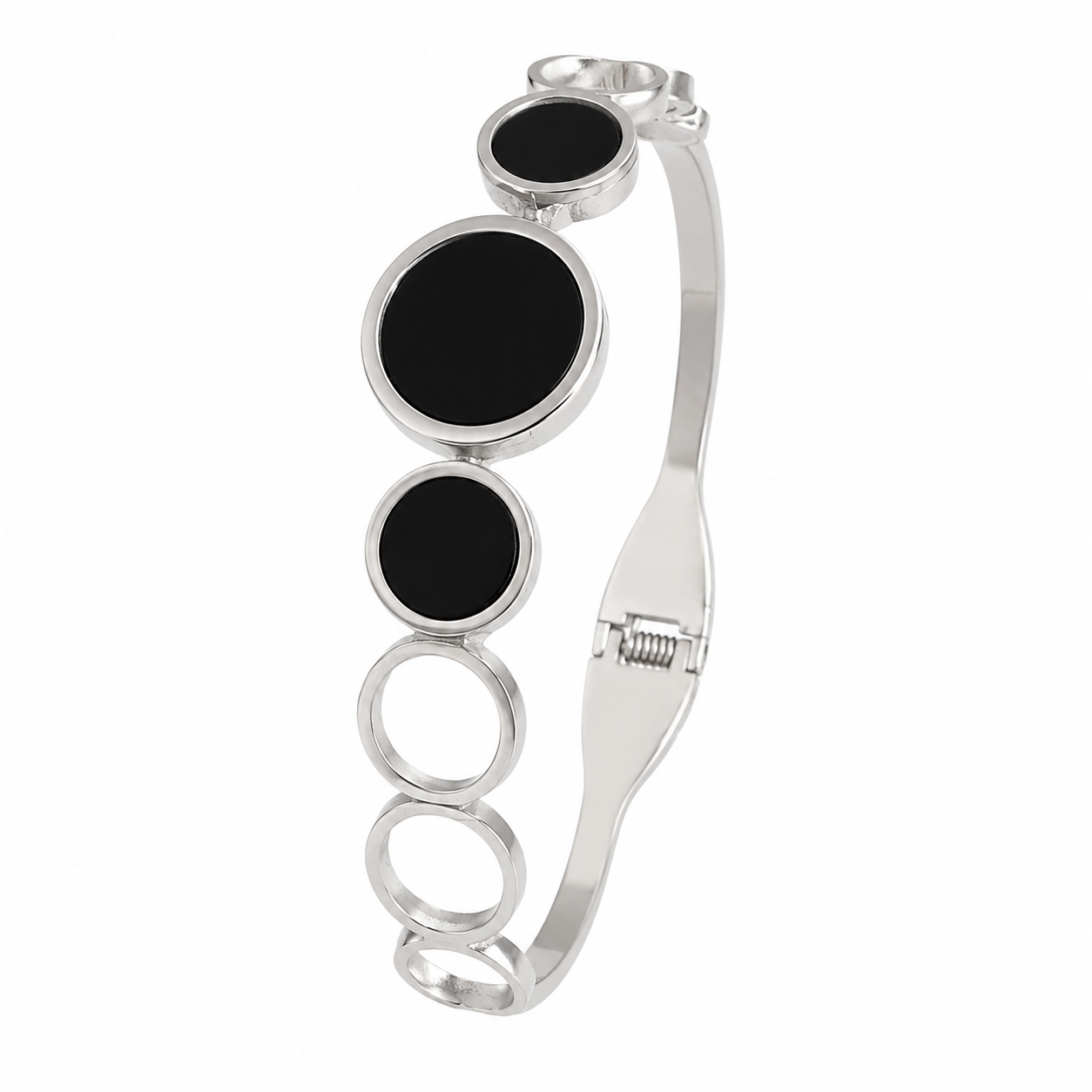 Elegant Silver-Tone Black Circular Cuff Bangle Bracelet for Women | Stainless Steel Open Cuff Bracelet | Minimalist Fashion Jewelry