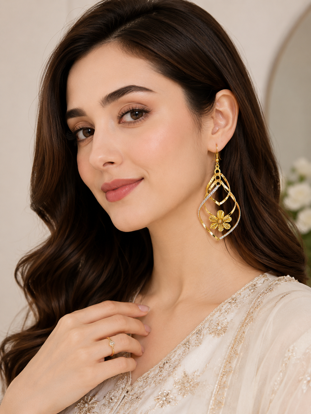 Korean Gold-Plated Geometric Floral Dangle Earrings for Women | Elegant Drop Earrings | Lightweight Fashion Jewellery