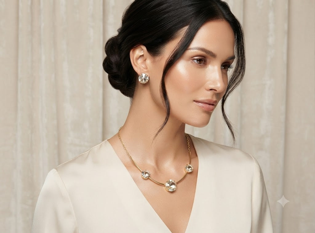 Fasssions Gold-Plated Crystal Necklace and Stud Earrings Set for Women | Round Cubic Zirconia Jewelry Set | Elegant Party, Wedding & Bridal Jewelry Gift