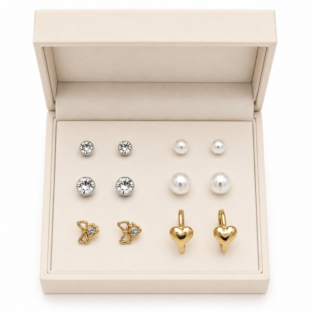 Earring Combo Set 6 for Women & Girls | Crystal Studs, Pearl Earrings, Bow Crystal Studs & Gold Heart Hoop Earrings | Fashion Jewelry for Girls & Women