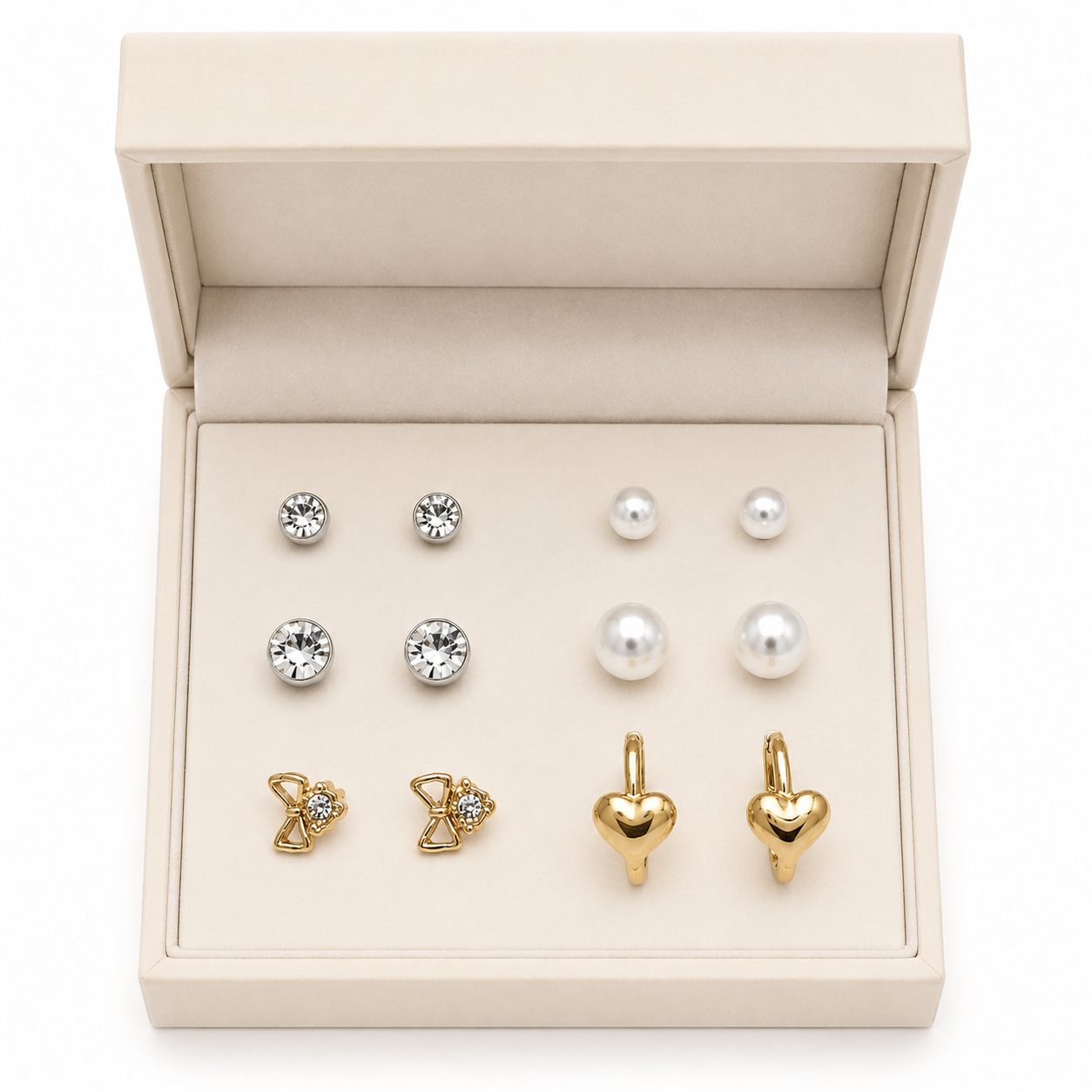 Earring Combo Set 6 for Women & Girls | Crystal Studs, Pearl Earrings, Bow Crystal Studs & Gold Heart Hoop Earrings | Fashion Jewelry for Girls & Women