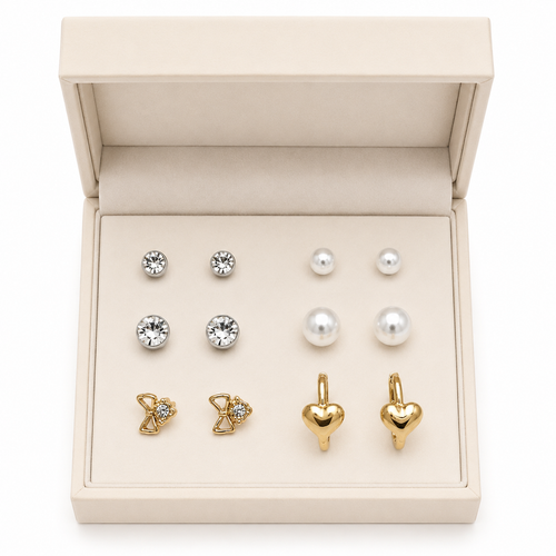 Earring Combo Set 6 for Women & Girls | Crystal Studs, Pearl Earrings, Bow Crystal Studs & Gold Heart Hoop Earrings | Fashion Jewelry for Girls & Women