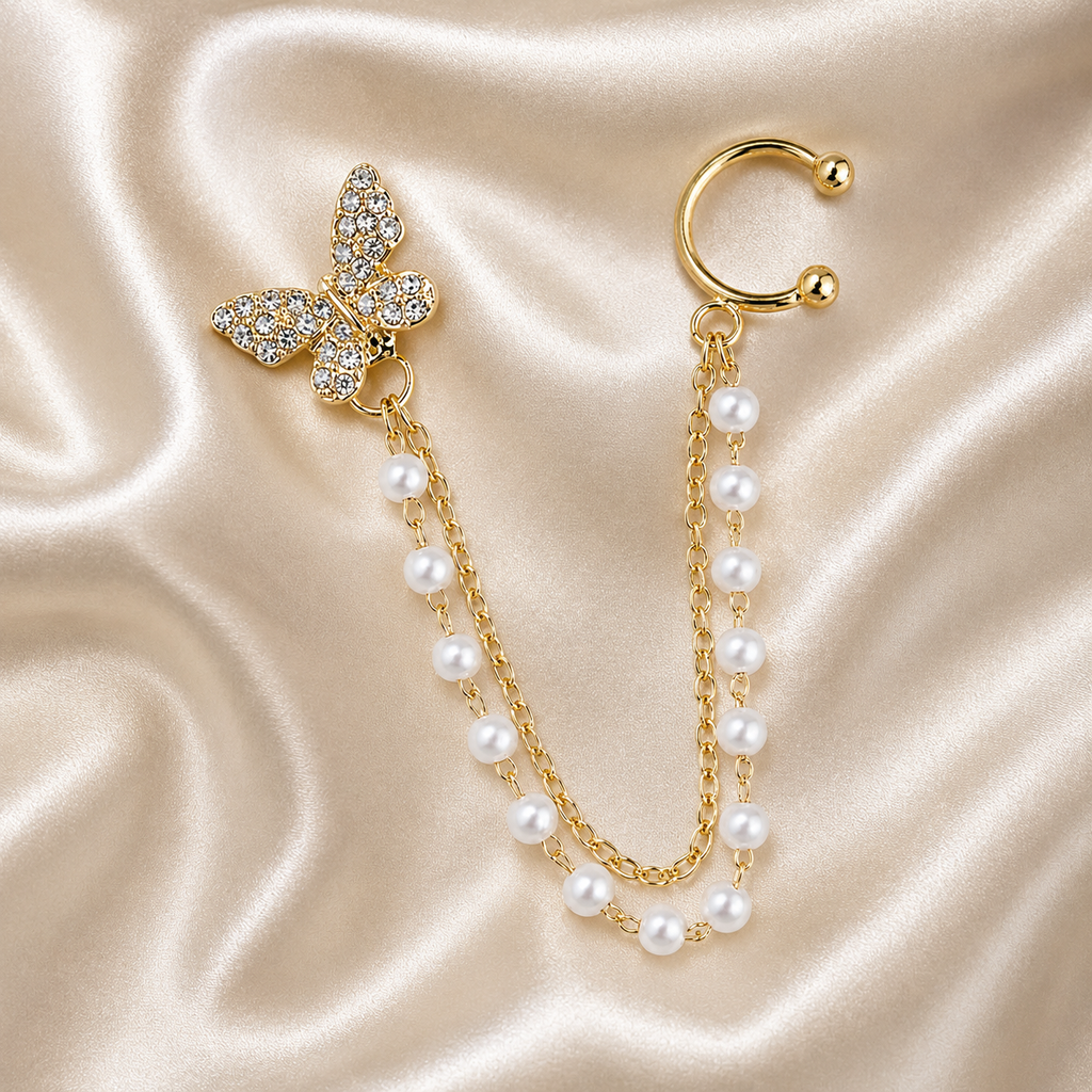 FASSSIONS Butterfly Pearl Ear Cuff Earrings for Women | Korean Style Gold Plated Rhinestone Butterfly Chain Earrings
