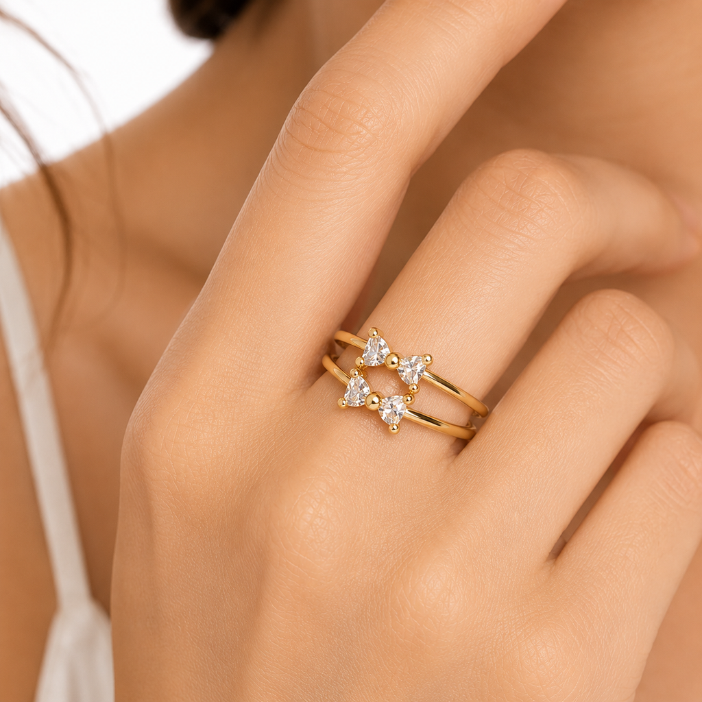 Fasssions Women's Two-Tone Heart Open Ring | Gold & Silver Adjustable Double Band Ring | Elegant Fashion Ring for Women & Girls