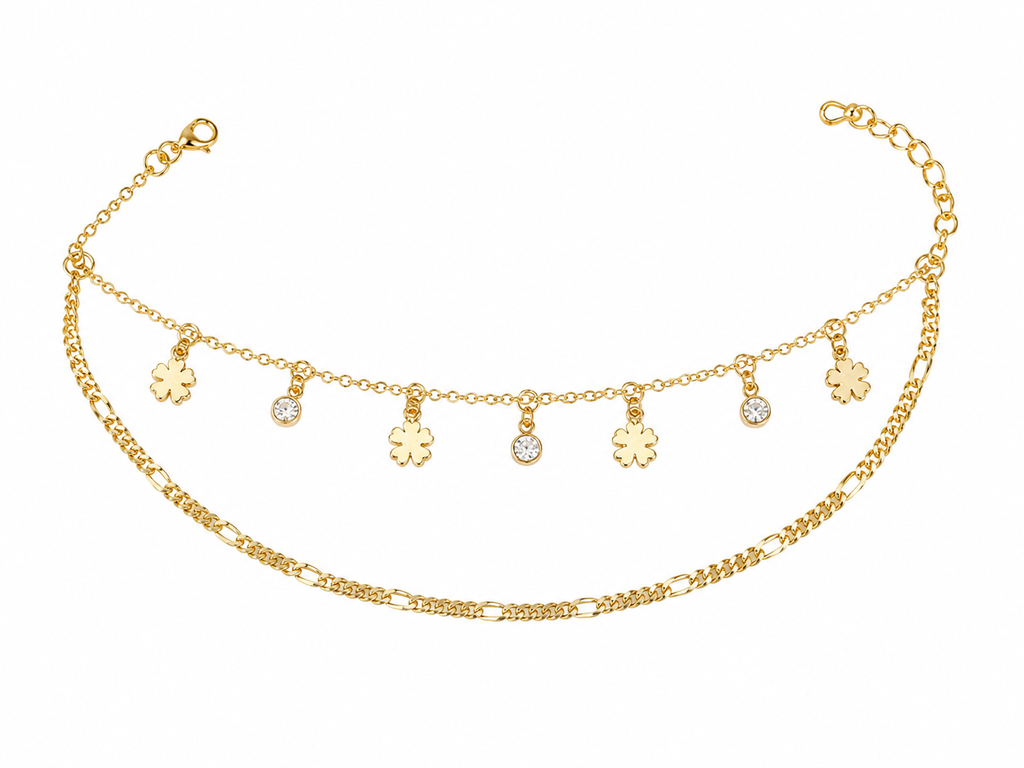 Women's Gold Plated Double Layer Charm Anklet | Crystal & Floral Charm Adjustable Ankle Bracelet | Dainty Fashion Anklet for Girls & Women