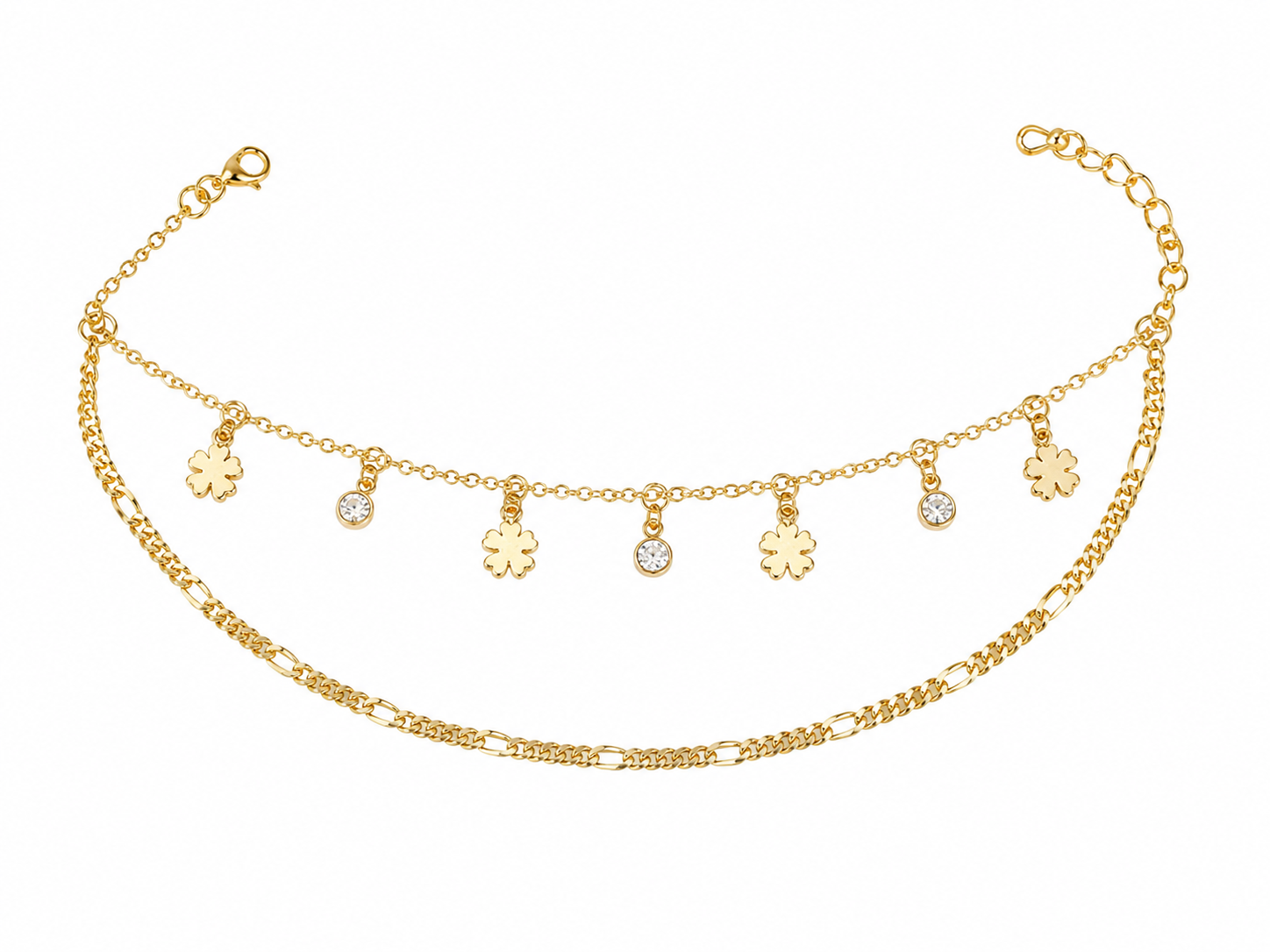Women's Gold Plated Double Layer Charm Anklet | Crystal & Floral Charm Adjustable Ankle Bracelet | Dainty Fashion Anklet for Girls & Women