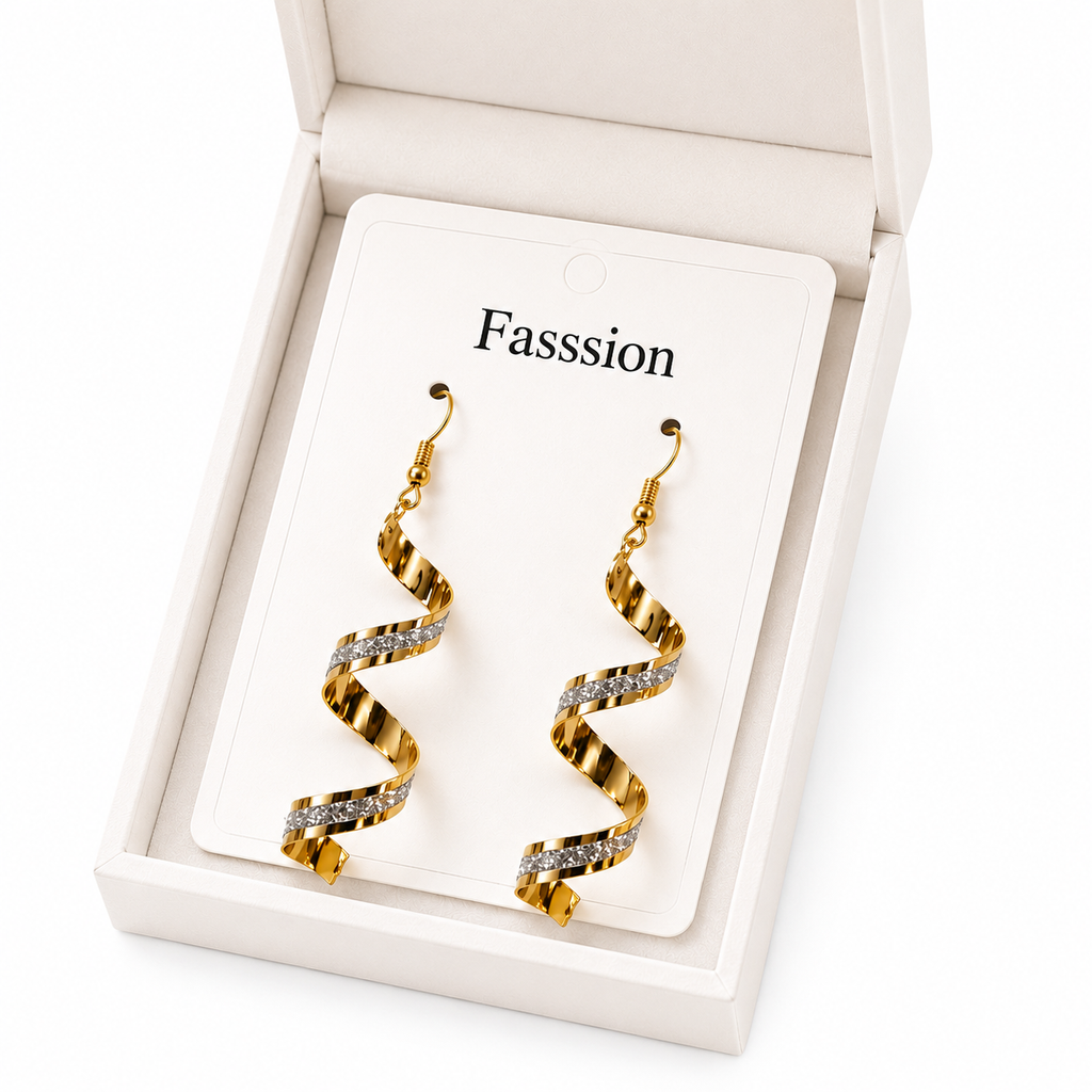 Korean Style Gold Spiral Drop Earrings for Women – Elegant Twisted Dangle Earrings with Crystal Accent | Lightweight Fashion Jewelry for Girls & Women