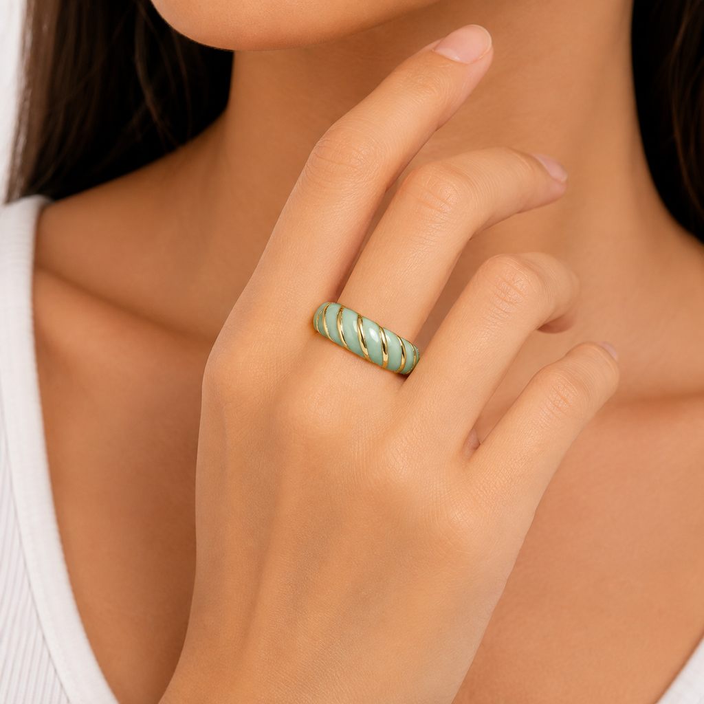 Women's Gold Plated Mint Green Enamel Ring | Twisted Diagonal Spiral Design Finger Ring | Elegant Fashion Jewelry for Women & Girls