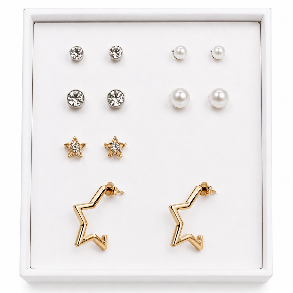 6 Pairs Earring Combo Set for Women & Girls | Crystal Studs, Pearl Earrings, Star Studs & Gold Star Hoop Earrings | Fashion Jewelry for Girls & Women