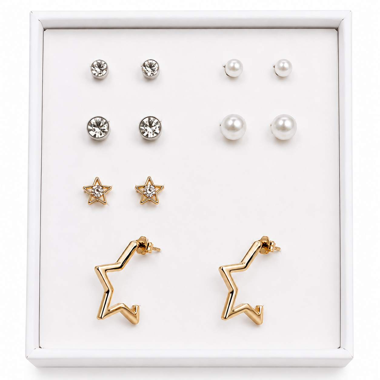 6 Pairs Earring Combo Set for Women & Girls | Crystal Studs, Pearl Earrings, Star Studs & Gold Star Hoop Earrings | Fashion Jewelry for Girls & Women